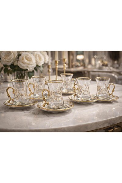kısmet kristal Stylishly Designed Tea Set with Handle for 6 People Gilded Gla...
