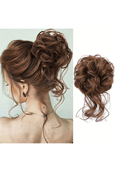 Zeysum Karamel Kahverengi Saçlı Lastikli Kuyruklu Topuz Tokası - Dağınık