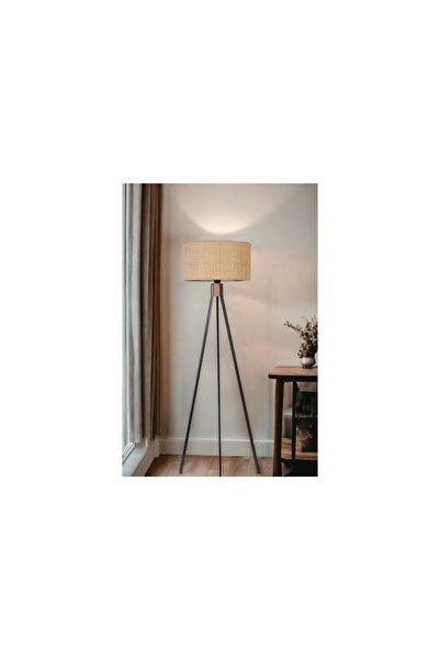 Vivense FISCO TRİPOD LAMBADER, SİYAH AYAK, SİLİNDİR HASIR RATTAN ABAJURLU