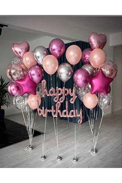 Çemrek Süs Parti Rose Happy Birthday Foil Balloon Set 21 Pieces
