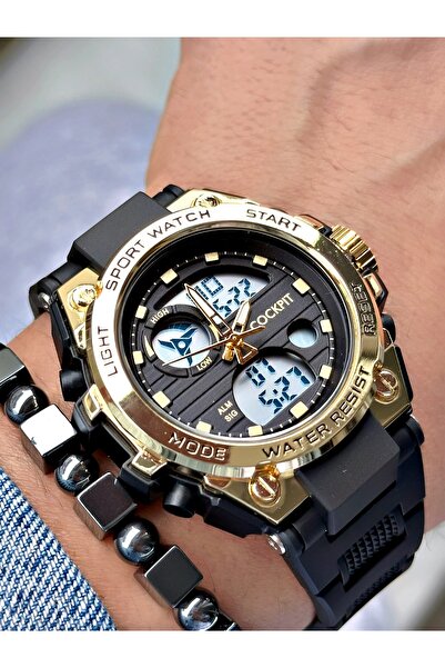 Cockpit Black Color Silicone Model Analog Digital Waterproof Men's Wrist Watc...