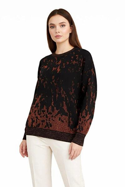 Bİ.GİYSEN Women's Gold Brown Glitter Detailed Crew Neck Tie-Dye Pattern New S...