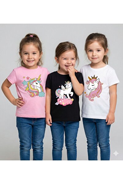 FAVORİST Πακέτο με 3 Παιδικά Βαμβακερά Μπλουζάκια Unicorns με τύπωμα