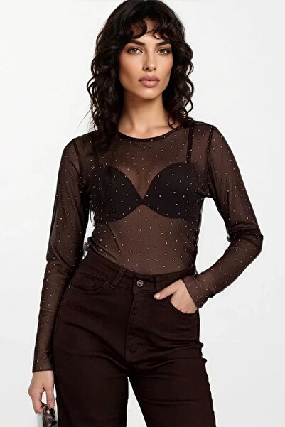 Trend Alaçatı Stili Жіноча прозора блузка з кавовим принтом, коміром-стійкою ...