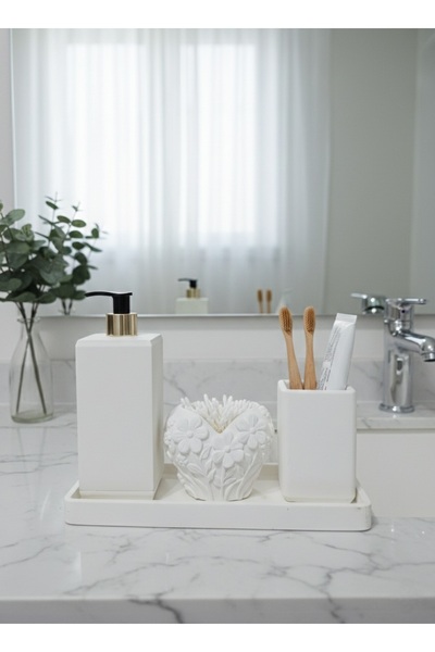 AVZEMA HOME Modern Beyaz Beton Banyo Aksesuar Seti 4 Parça Şık ve Dekoratif T...