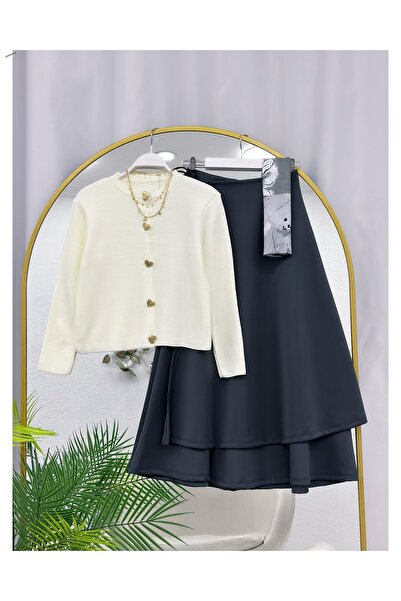 YEDİLALE Yandan Tie-Up Flare Skirt Heart Button Knitwear Cardigan Double Set