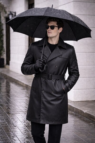 BASEL.CO Men's Modern Fit Leather Trench Coat - Belted, Double Breasted, Time...