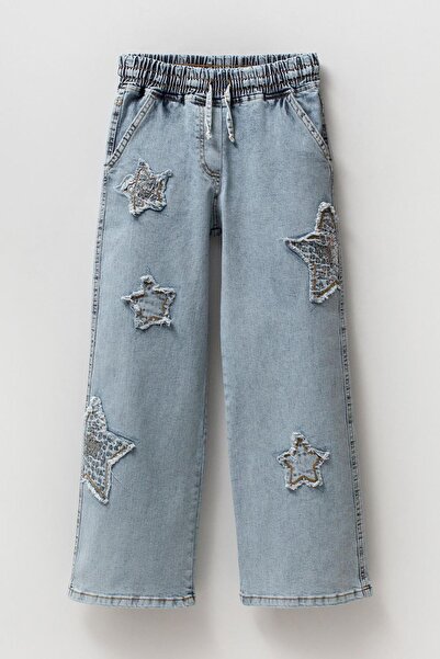 Minigimin Cicileri Star Sequin Detailed Girls' Jeans - Light Blue