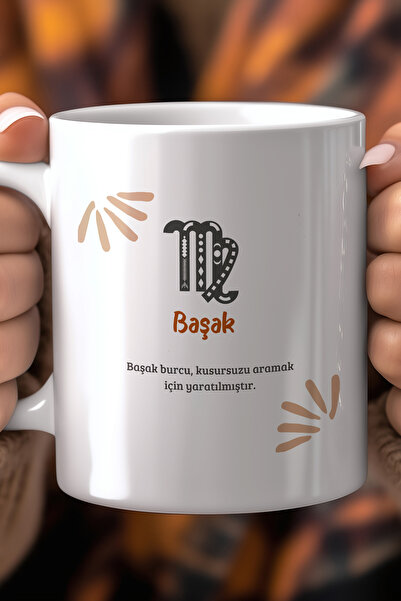 YasBey DESIGN Başak Burcu Temalı 330ml Baskılı Beyaz Seramik Kupa Bardak