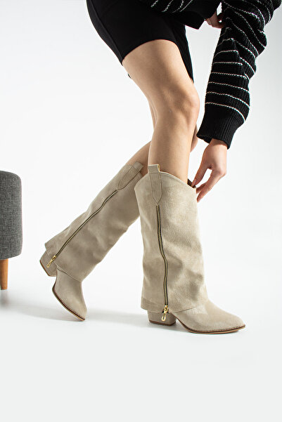irmona Diva Beige Suede Boots with Zipper Detail and 6 cm Heel