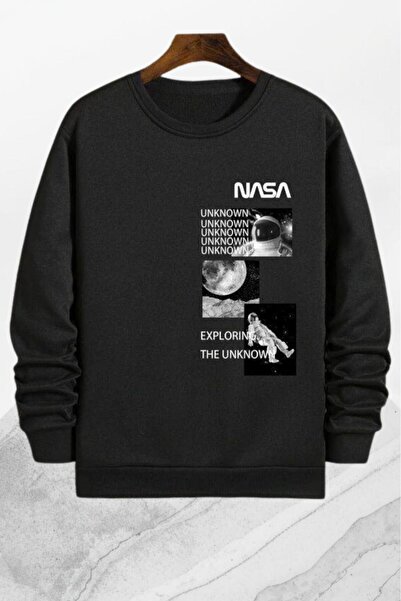 NO 601 Men's Black Nasa Unk Printed Crew Neck Sweatshirt