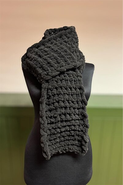 MatmazelLavinya Puffy Unisex 100% Hand Knitted Soft Textured Black Winter Sca...