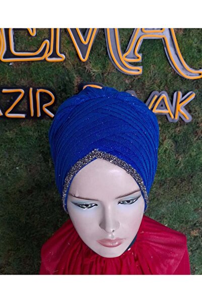 semahazırduvak Saks Mavi Şeritli Bone Model hazır türban hazır şal abiye şal ...