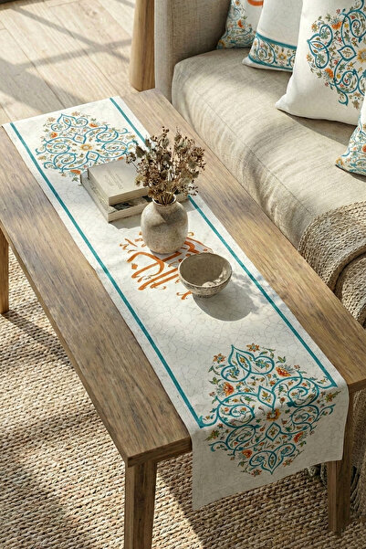 Cango Home Mavi Turuncu Motifli Ramazan Temalı 4'lü Kırlent Kılıfı 1 Runner Seti 4kMBS332-RS