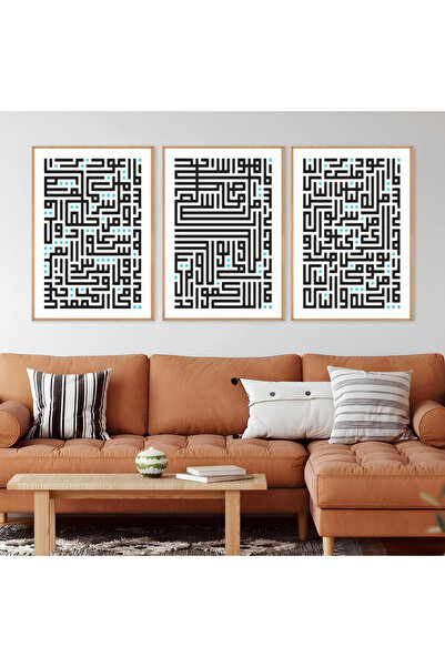 ARTCASTLE Set de 3 tablouri cu ramă din lemn TURKUAZ Kufi Nas Felak İhlas TUR...