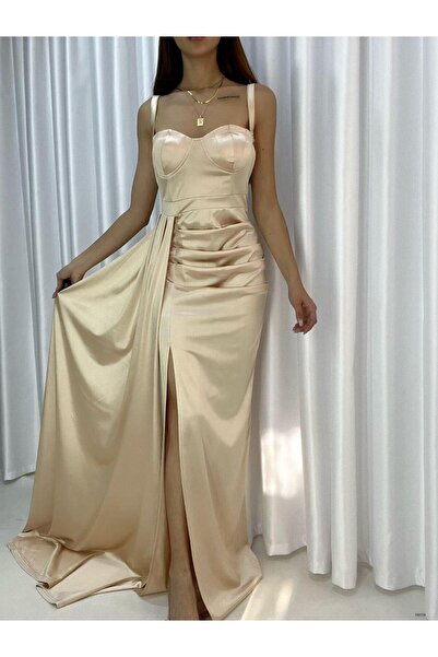 Modafeminen Bakir Kalp Yaka Omzu Open Askılı Glop Slit Balık Uzun Maxi Boy Sa...