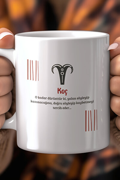 YasBey DESIGN Koç Burcu Temalı 330ml Baskılı Beyaz Seramik Kupa Bardak