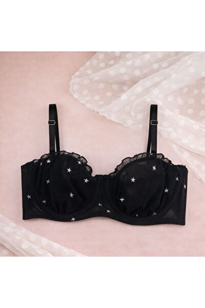 SCM LINGERIE SİYAH YILDIZ DESENLİ KAPSIZ BALENLİ SÜTYEN
