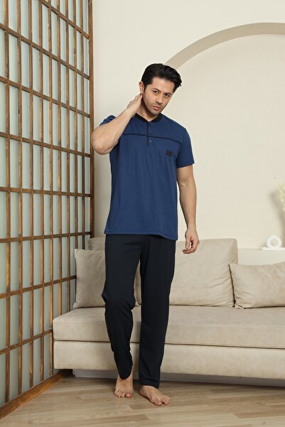 MODAREYA Men's Short Sleeve Button down Cotton Summer Indigo Pajama Set