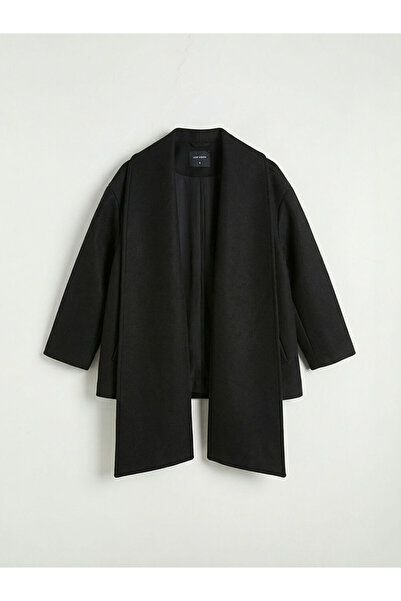 LC Waikiki Black shawl collar scarf Oversized women's cashmere coat