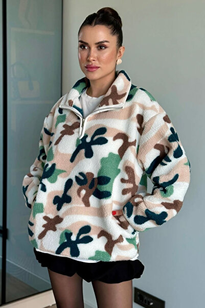 CİDDE Plush Fleece Sweatshirt Half Zipper Mock Neck Women's Sweatshirt