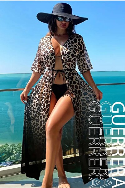 GUERRERA Kadın Siyah Leopar Desenli Şifon Uzun Plaj Mejiro Kimono