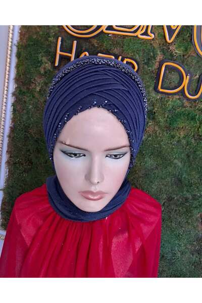 semahazırduvak Lacivert Aksesuarlı Taş Detaylı Model hazır türban hazır şal a...