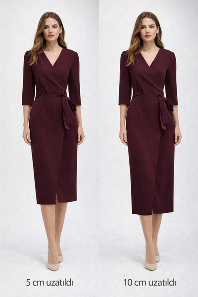 AYHAN Women's Black Double Breasted Avelop Three Quarter Crepe Elegant Dress