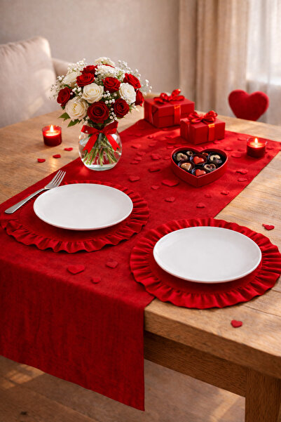 ŞAH TEXTILE DESIGN Kırmızı keten supla ve runner takımı 3'lü romance sevgilil...