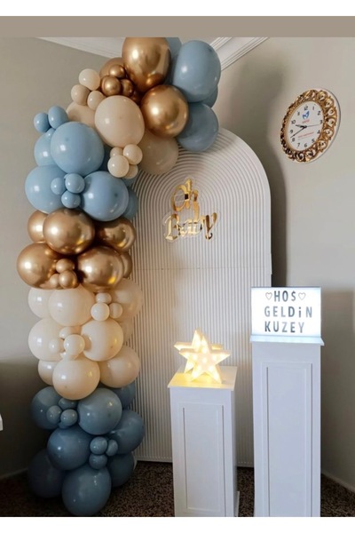 Çemrek Süs Parti Glass Blue Beige Gold Chrome Balloon Chain Set 100 Pieces