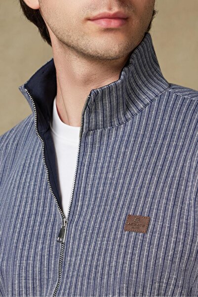 Abbate Edon Örme Kumaş Pamuklu Modern Fit Lacivert Dik Yaka Erkek Çizgili Sweatshirt