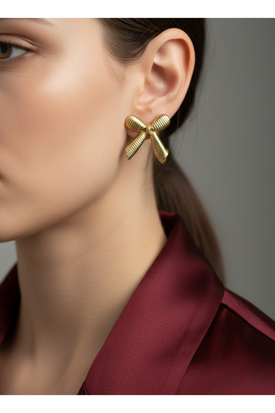 Elmosia Jewelry أقراط نسائية من الفولاذ على شكل فيونكة ذهبية - تصميم لا يتأكس...