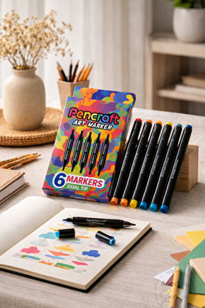 DİVAYS 6 Renk Çift Uçlu Keçeli Marker Seti – Kalın & İnce Uç Profesyonel Çizi...