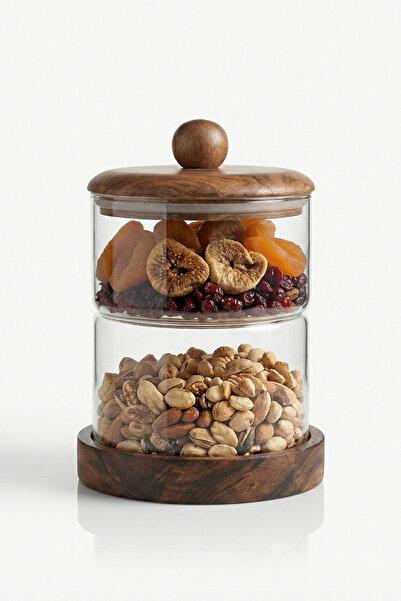 Sevinse Home GAİA İkili Akasya Vakum Kapaklı Cam Kavanoz Seti, Baharatlık, Şekerlik (750-600 mL)