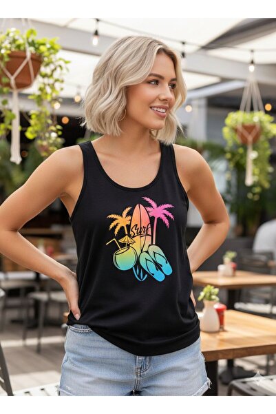 FAVORİST Palmiye Surf Printed Women's Black Off-The-Shoulder Strap Summer Cot...