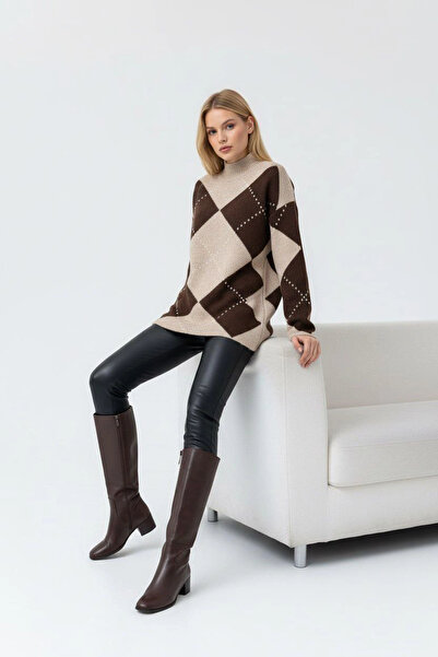 CARLA MARA Crew Neck Diamond Patterned Knitwear Sweater