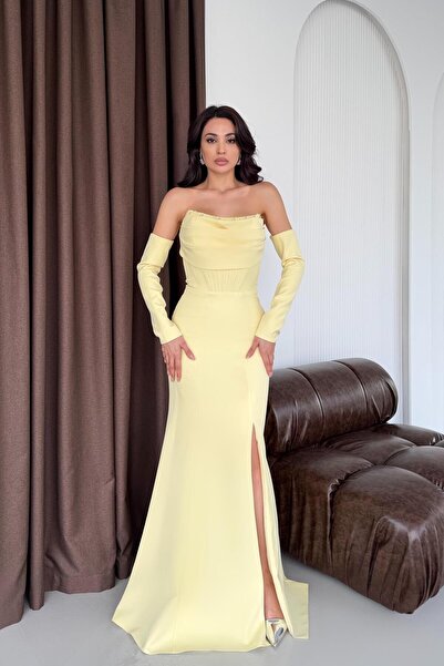 Serica Moda Yellow Bust Stone Detailed Underwire Evening Dress
