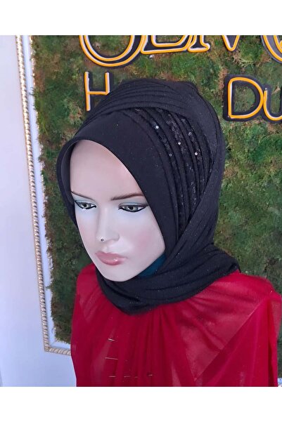 semahazırduvak Siyah Simli Payetli Model hazır türban hazır şal abiye şal duvak