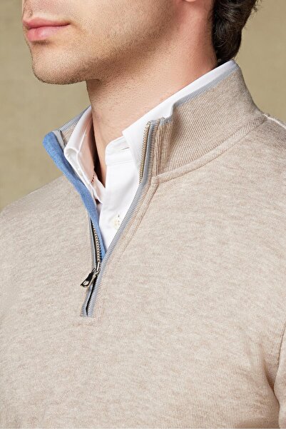 Abbate Fiero Örme Kumaş Viskon Karışımlı Modern Fit Bej Dik Yaka Erkek Düz Sweatshirt