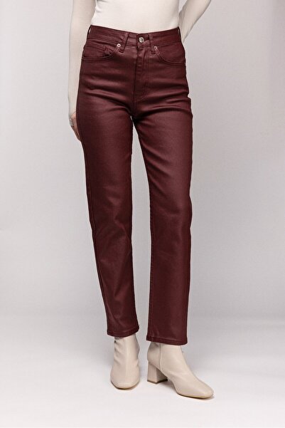 Saade Burgundy Women's Waxed High Waist Straight Cut Stretch Fabric Jean Trou...