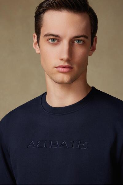 Abbate Sweatshirt Örme Kumaş Pamuklu Comfort Fit Lacivert Bisiklet Yaka Erkek Nakışlı Sweatshirt