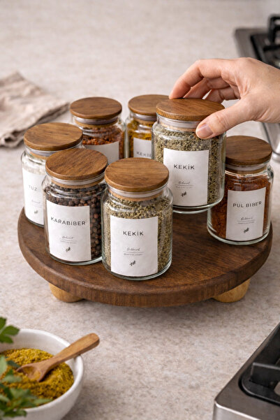 Mottogo 7-Piece Glass Spice Jar Set with Wooden Lids |   Top with Wooden Stan...