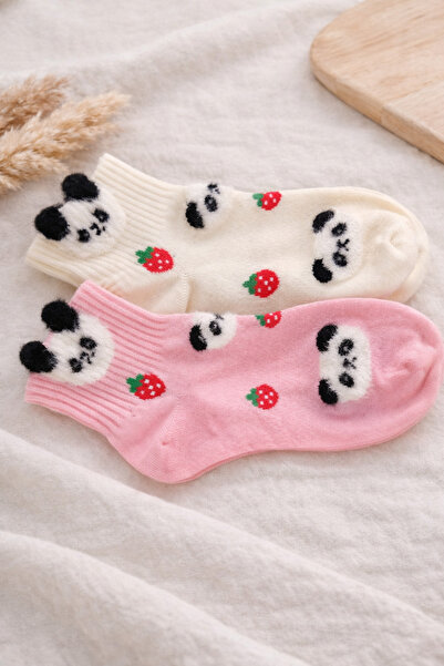 Yediler Tekstil 2 Çift Panda - Çilek Desenli Kadın Soket Çorap
