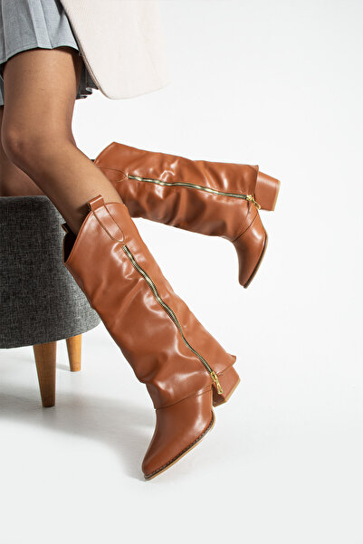 BERFONA Diva Tan Leather Boots with Zipper Detail and 6 cm Heel
