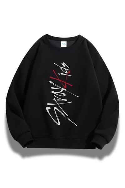 Fuddy Moda سويت شيرت بدون قلنسوة للجنسين قصة فضفاضة Stray Kids Dikey مطبوع