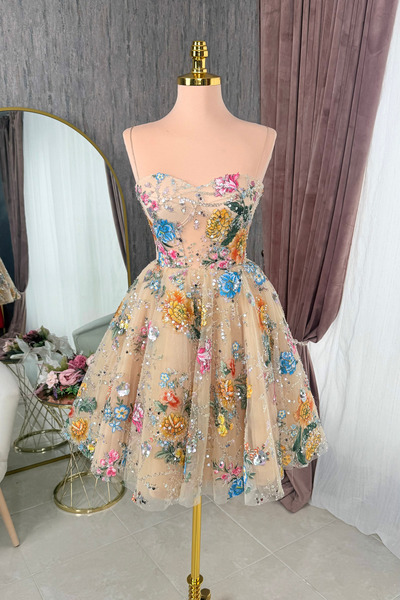 Lenta Moda Ten Rengi Pullu Çiçek Desen Dantel Mini Gece ve Parti Elbisesi