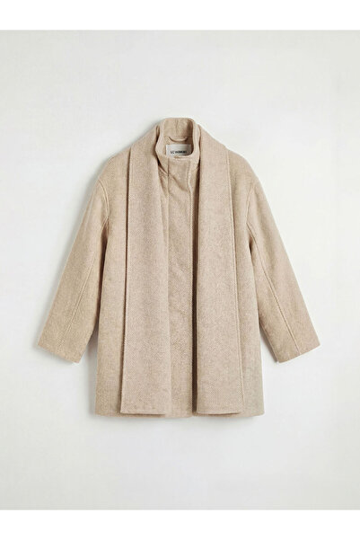 LC Waikiki Mock Neck Women's Cashmere Coat with Beige Scarf