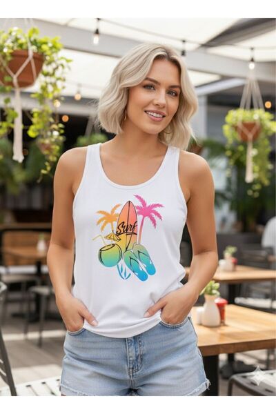 FAVORİST Palmiye Surf Printed Women's White Off-The-Shoulder Strap Summer Cot...