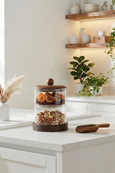 Sevinse Home Gai̇a Double Acacia Vacuum Lid Glass Jar Set, Spice Jar, Sugar B...