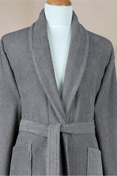 Ellaline Halat de baie cu dungi gri 100% bumbac certificat, guler șal, halat ...